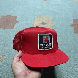Vintage 80s 90s trucker hat mesh cap Citgo gas motor oil Citgard red adjustable